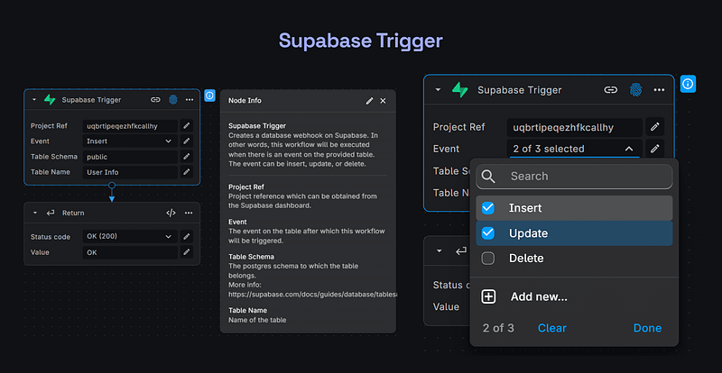 1–3 The Supabase Trigger allows the creation of a database webhook on Supabase